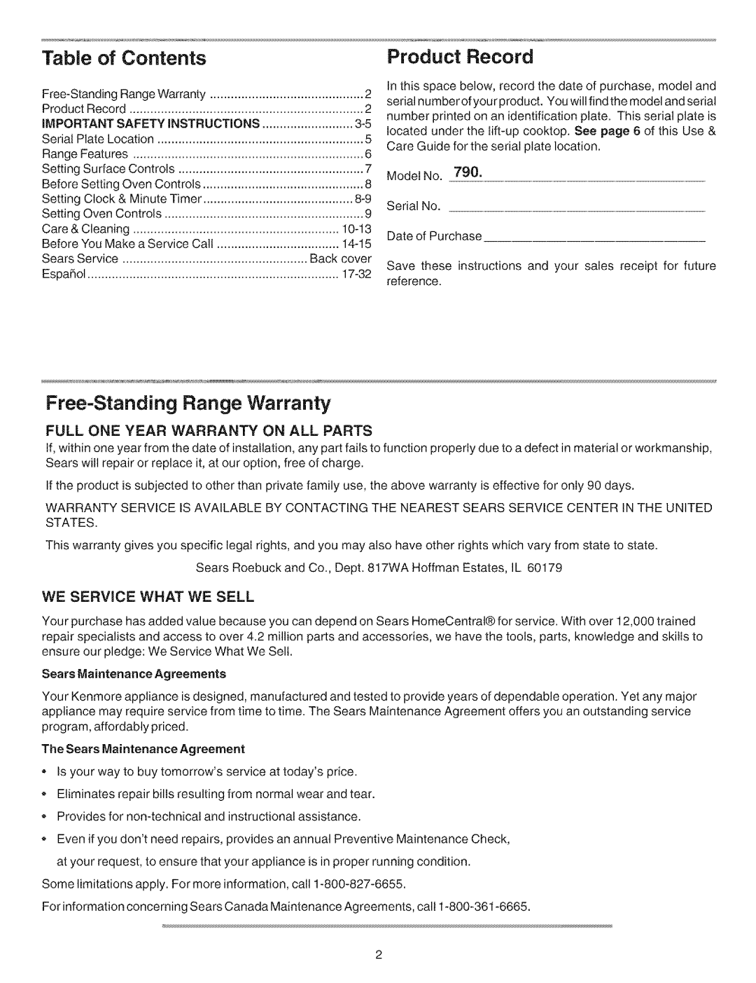 Kenmore 790.72112, 790.72114, 790.71011, 790.71002, 790.71771, 790.71672, 790.71004 manual Sears Maintenance Agreements 