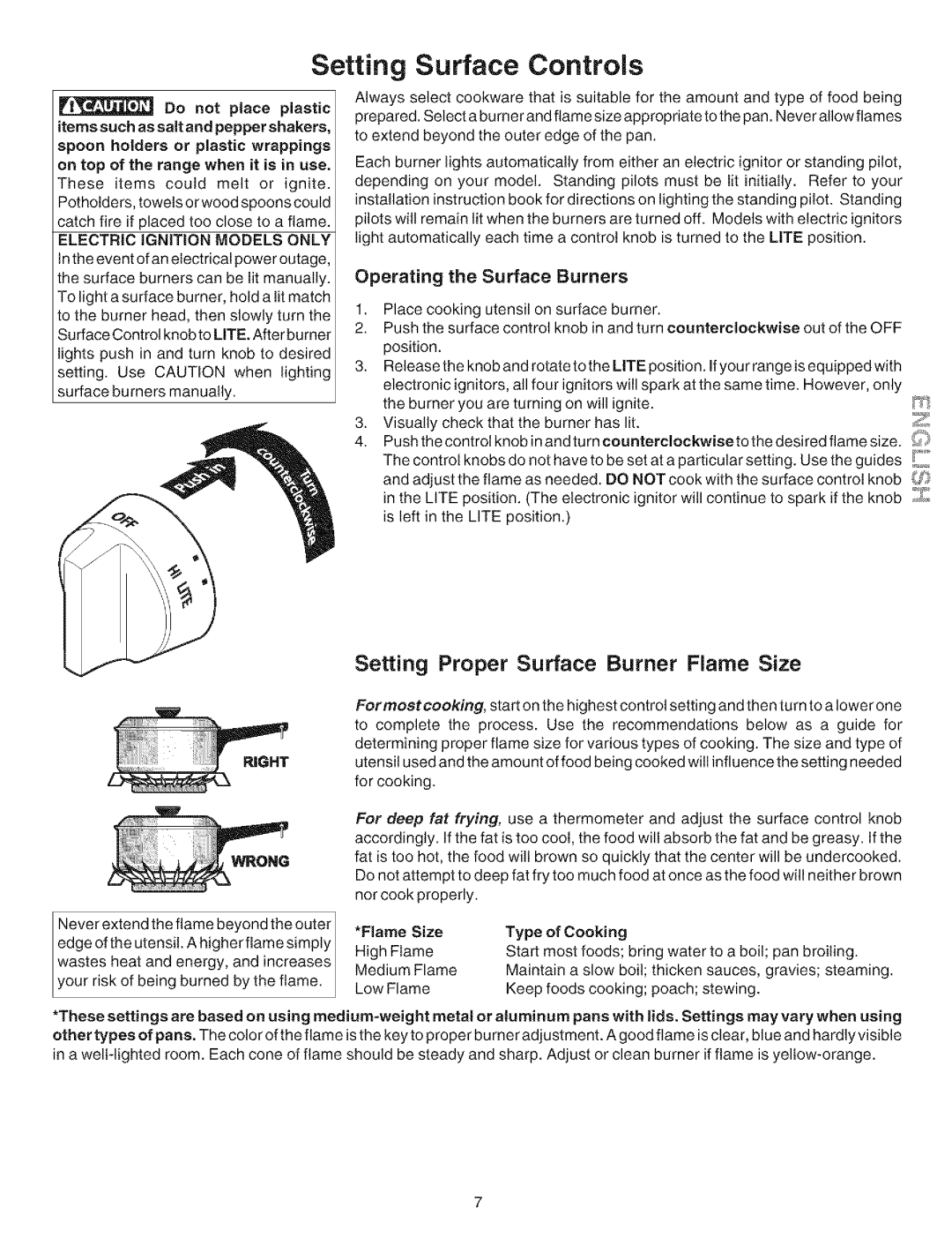 Kenmore 790.71004, 790.72114, 790.7101 Setting Surface Controls, Operating the Surface Burners, Flame Size, Type of Cooking 