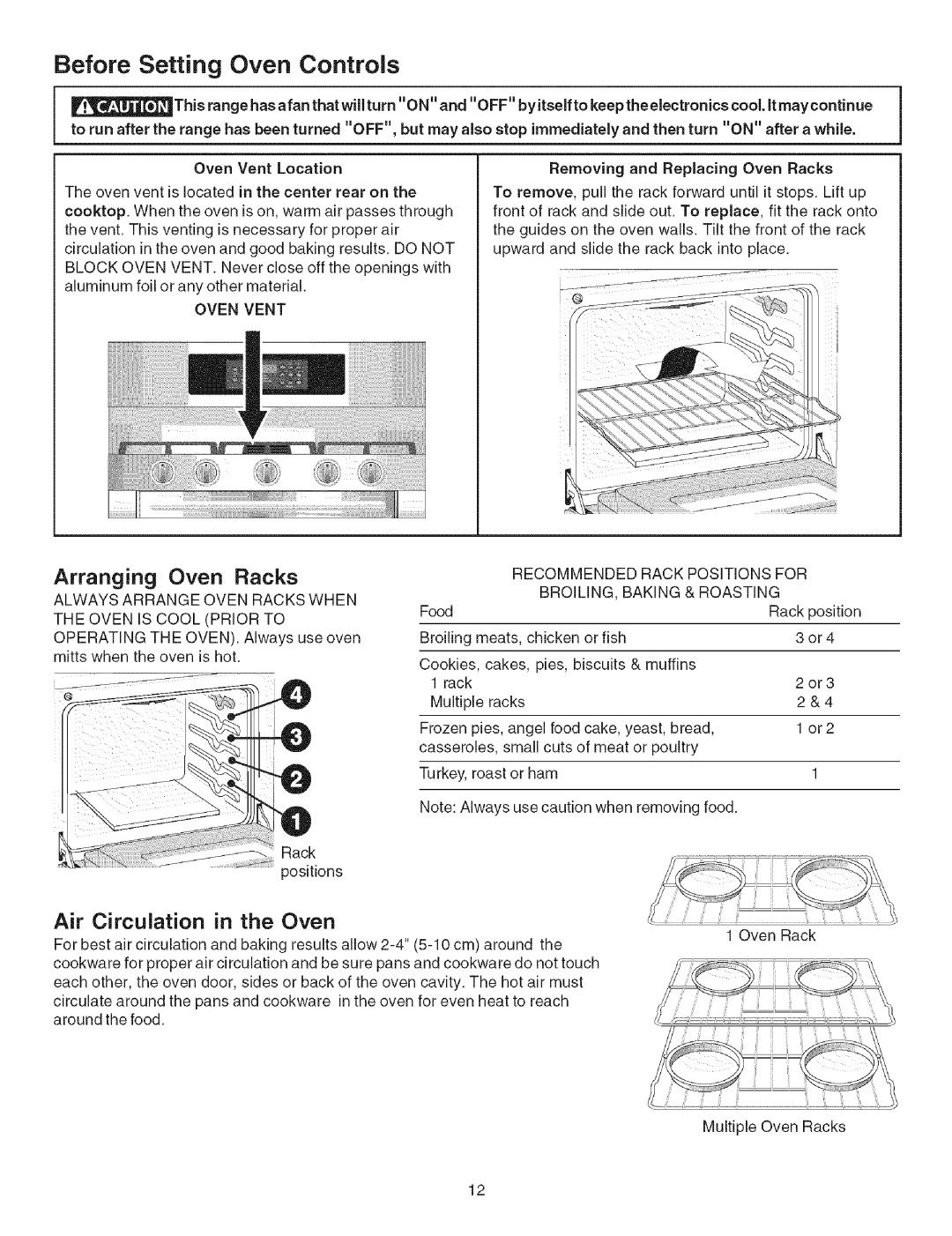 Kenmore 790.754 manual Before Setting Oven Controls, Air Circulation in the Oven, Oven Vent, Always Arrange Oven Racks When 