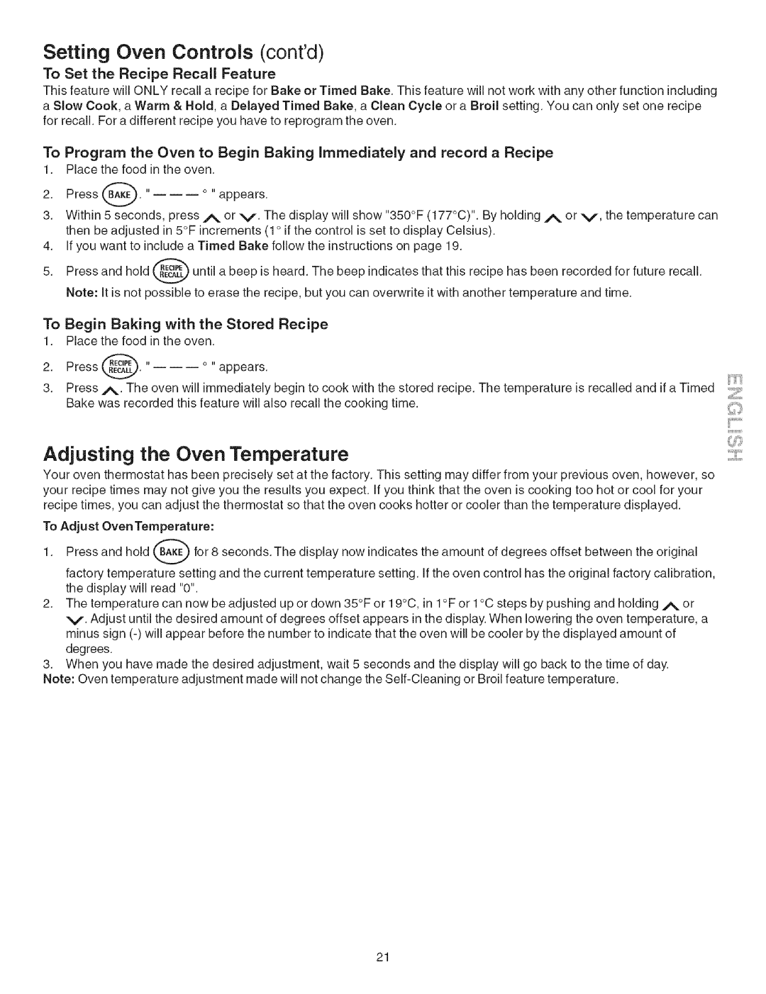 Kenmore 790.754 Adjusting the Oven Temperature, To Set the Recipe Recall Feature, To Begin Baking with the Stored Recipe 