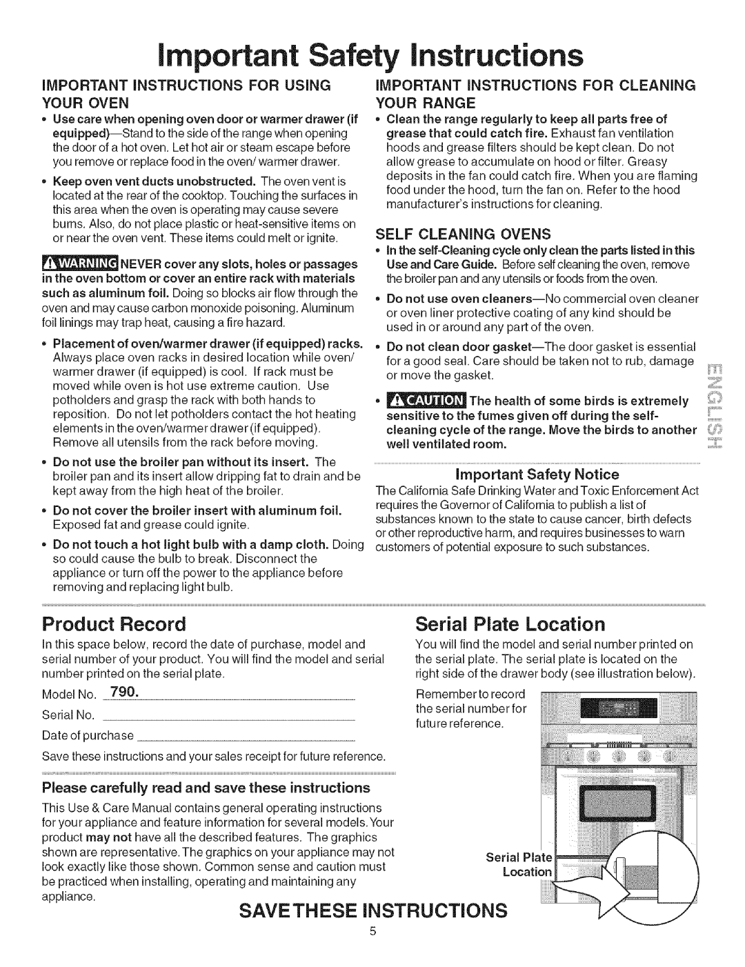 Kenmore 790.754 Record Serial, Plate Location, IMPORTANT Instructions for Cleaning Your Range, Important Safety Notice 