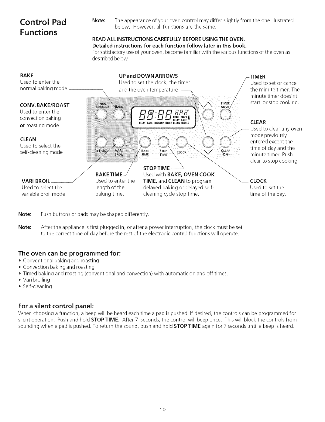 Kenmore 790.75503 manual Control Pad Functions, Oven can be programmed for, For a silent control panel 