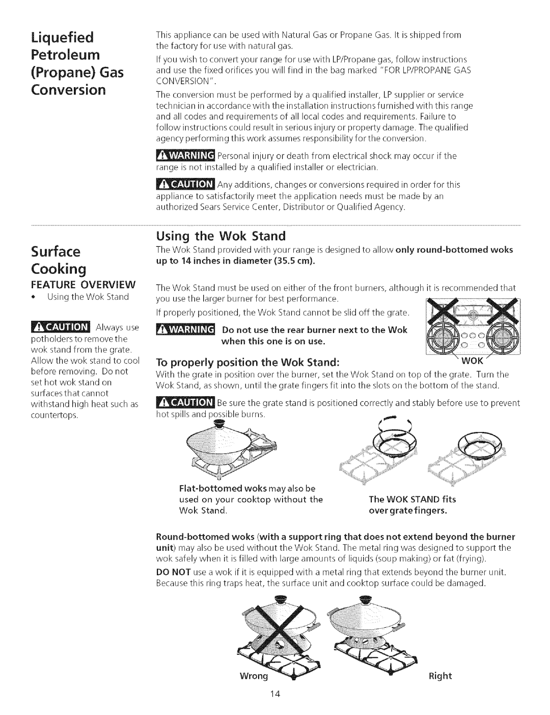 Kenmore 790.75503 manual Surface, Liquefied Petroleum Propane Gas Conversion, Using the Wok Stand 