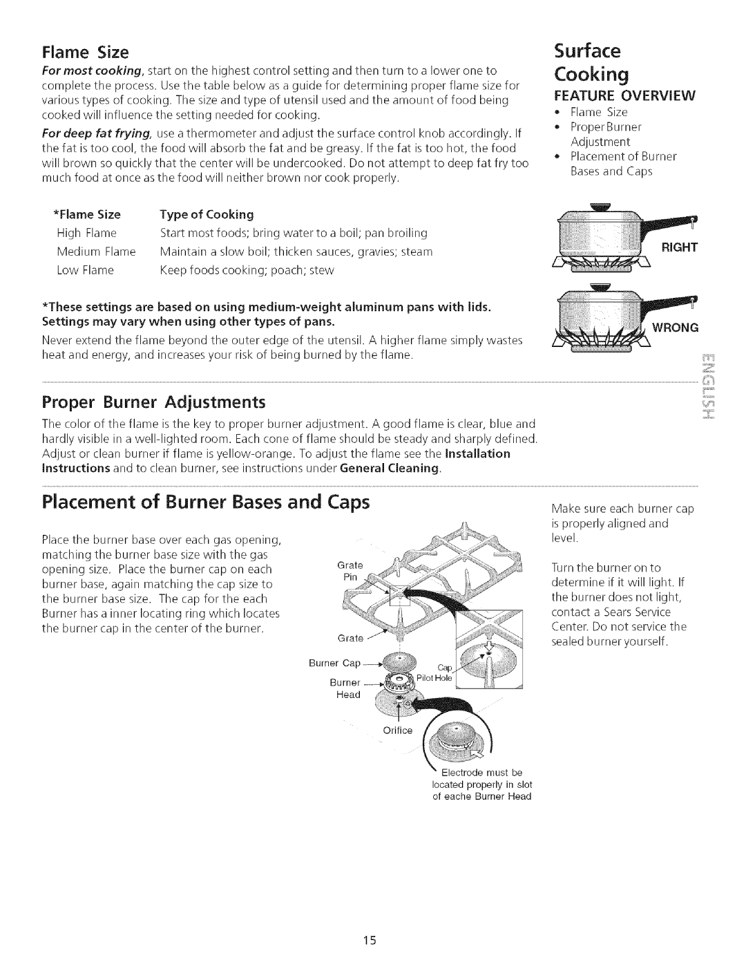 Kenmore 790.75503 manual Placement of Burner Bases and Caps, Makesure eachburnercap, Flame Size, Proper Burner Adjustments 