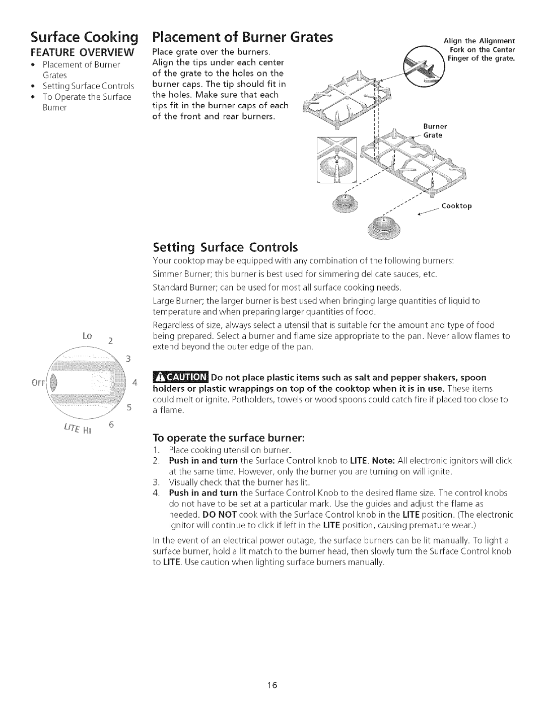 Kenmore 790.75503 Surface Cooking, Placement of Burner Grates, Setting Surface Controls, To operate the surface burner 