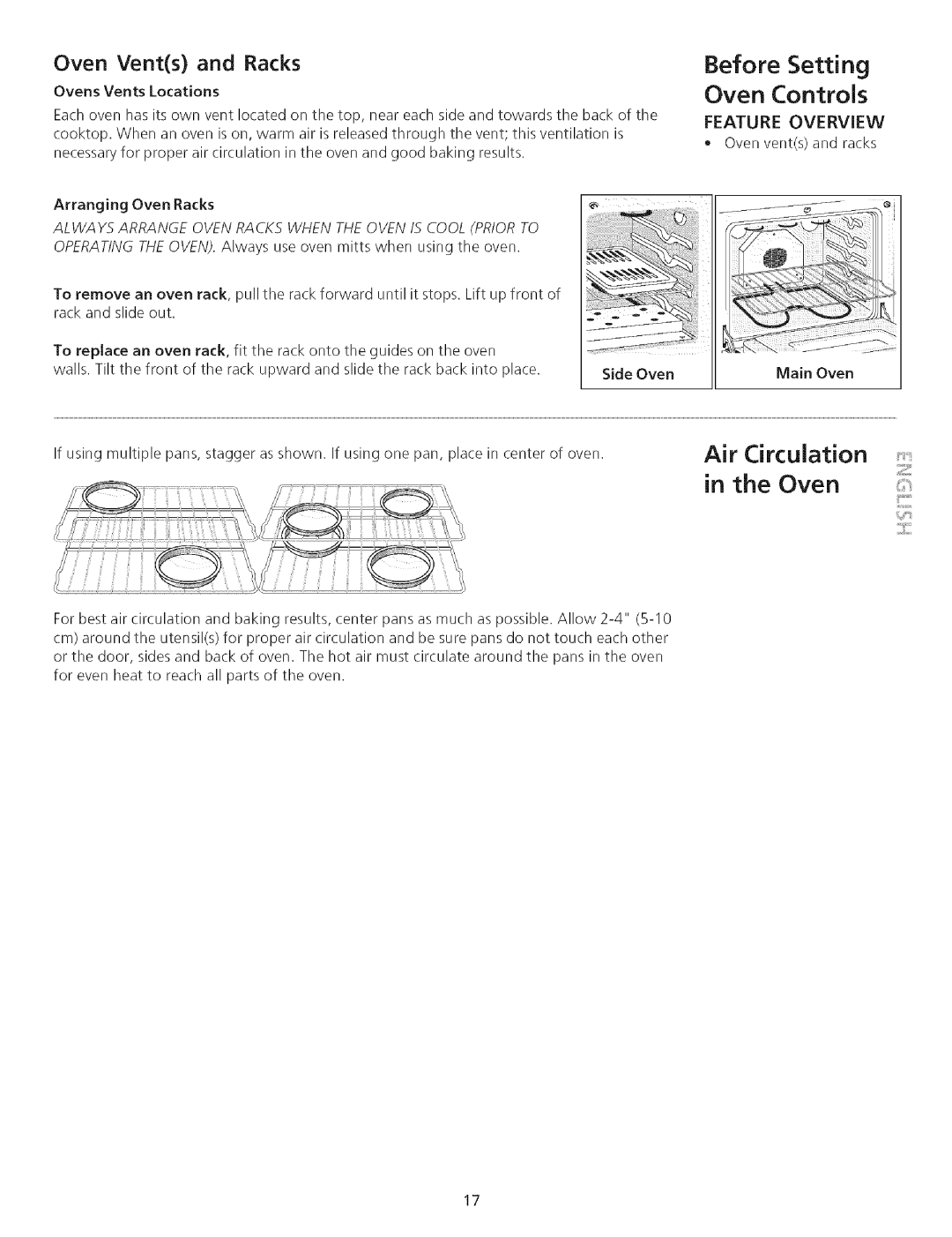 Kenmore 790.75503 manual Air Circulation, Before Setting Oven Controls, Oven Vents and Racks 