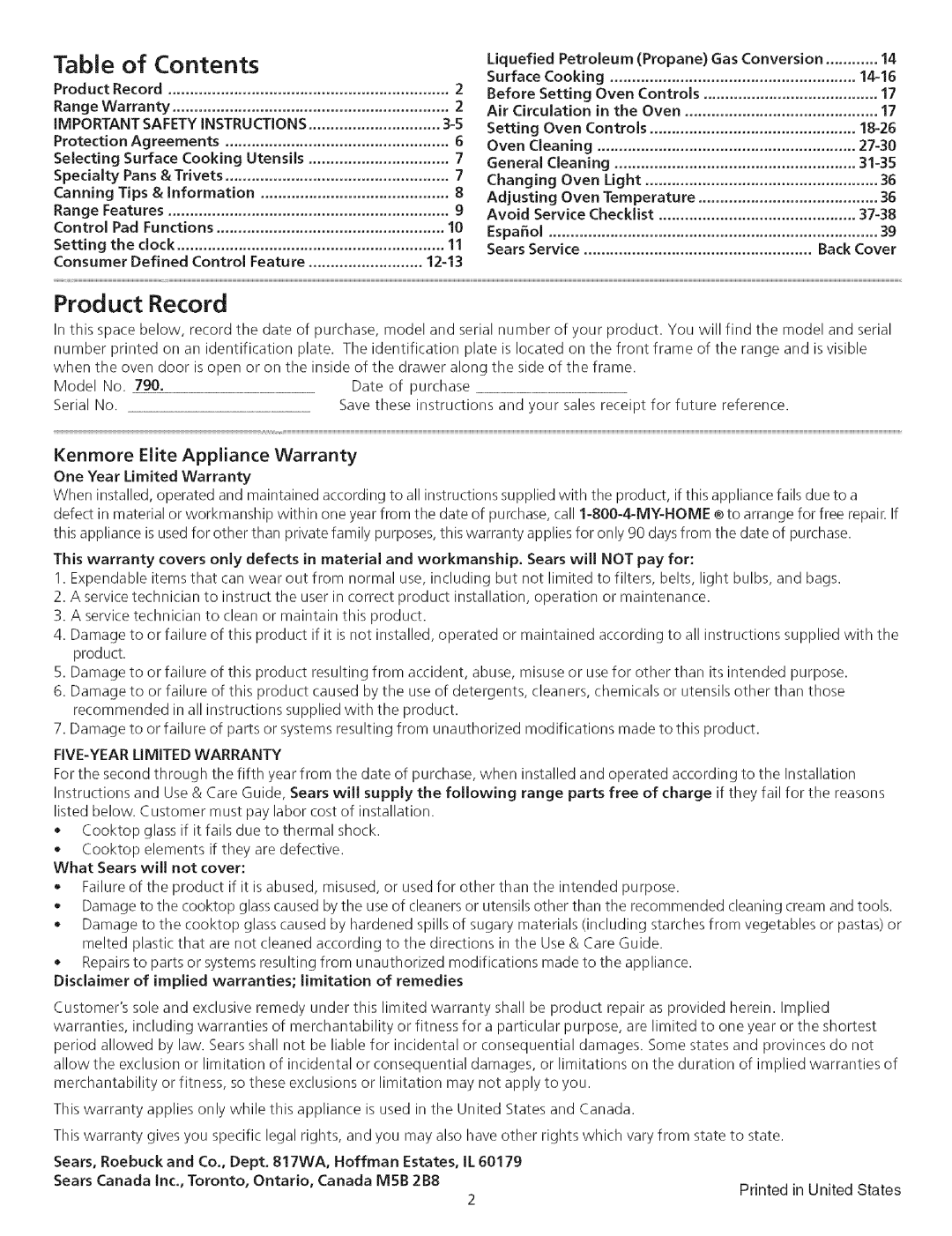 Kenmore 790.75503 manual Prod uct Record, Kenmore Elite Appliance Warranty, FIVE-YEAR Limite D Warranty 