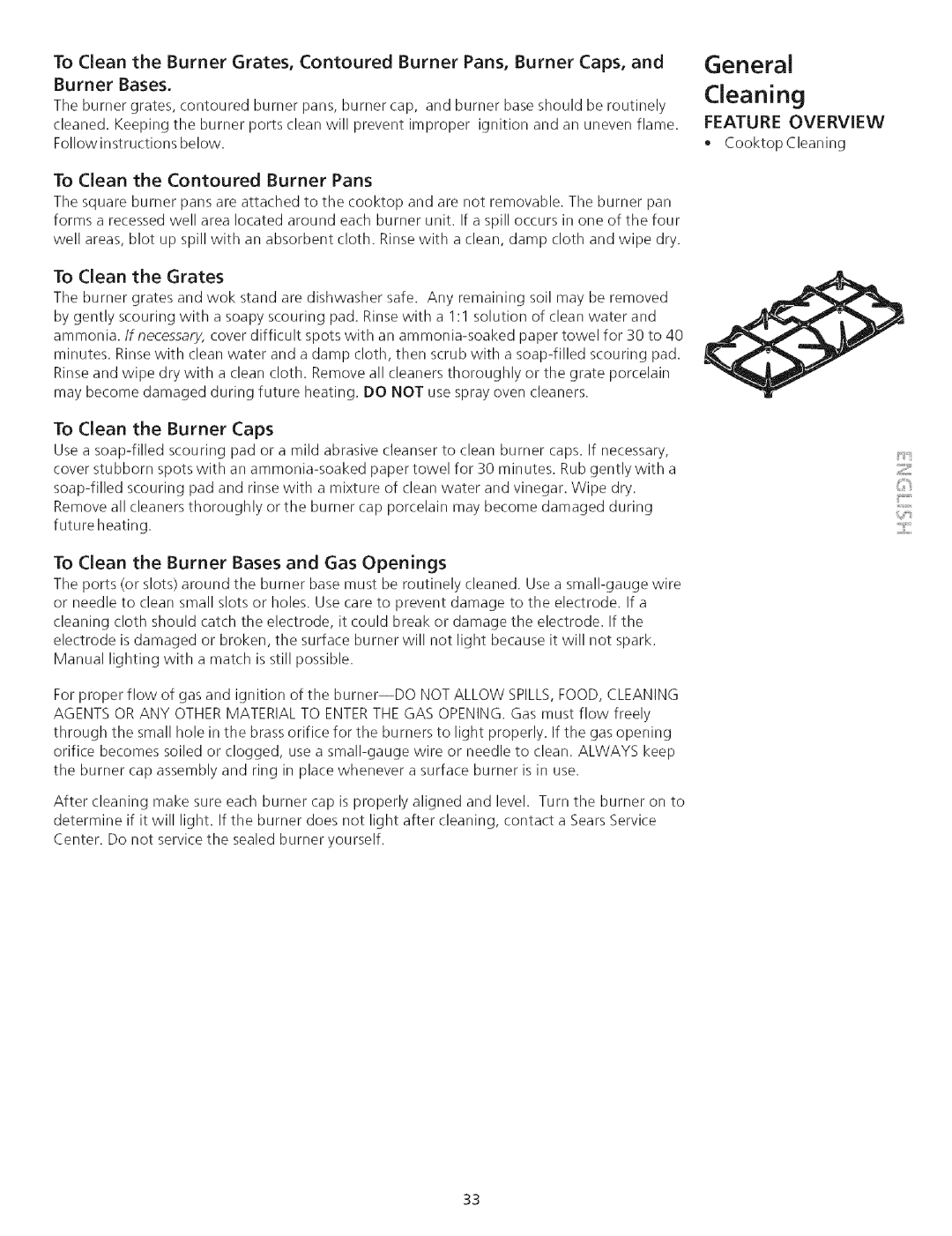 Kenmore 790.75503 manual To Clean the Contoured Burner Pans, To Clean the Grates, To Clean the Burner Caps 