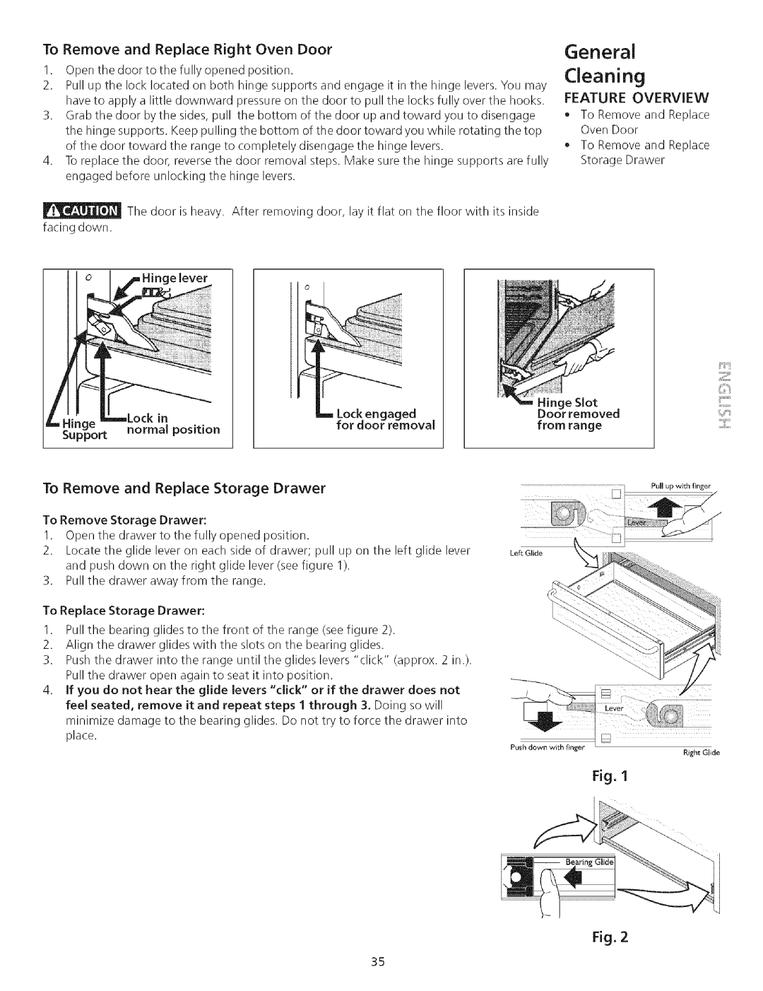 Kenmore 790.75503 manual General, To Remove and Replace Right Oven Door, To Remove and Replace Storage Drawer 