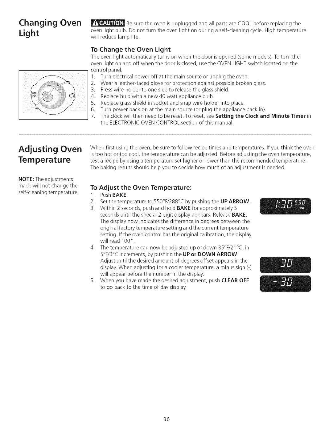 Kenmore 790.75503 Changing Oven Light Adjusting Oven Temperature, To Change the Oven Light, To Adjust the Oven Temperature 