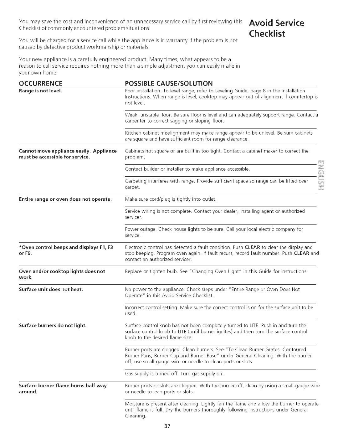 Kenmore 790.75503 manual Avoid Service Checklist, Occurrence Possible CAUSE/SOLUTION 