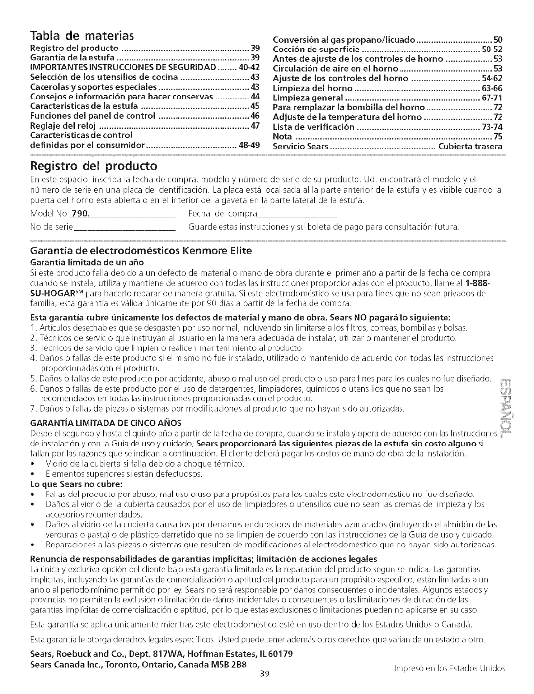 Kenmore 790.75503 manual Tabla Materias, Registro del producto, Garantia de electrodomOsticos Kenmore Elite 