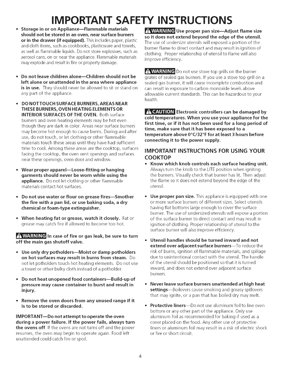 Kenmore 790.75503 manual IMPORTANT Safety Instructions, Important Instructions for Using Your Cooktop 