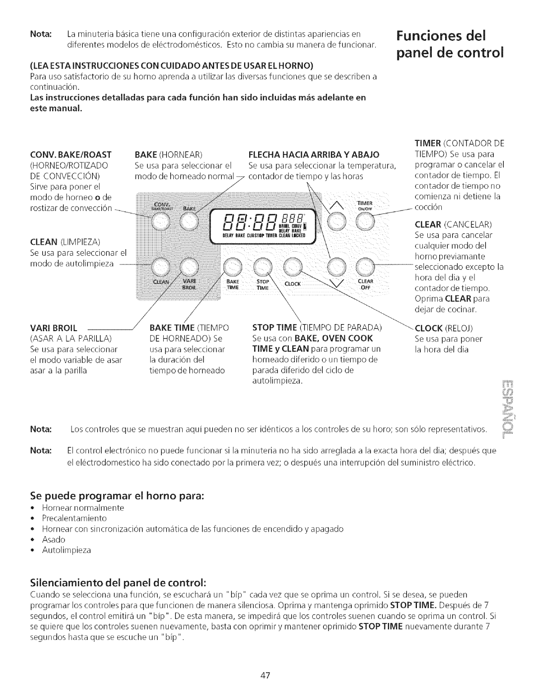 Kenmore 790.75503 Funciones del Panel de control, Se puede programar el homo para, SilenciamJento del panel de control 