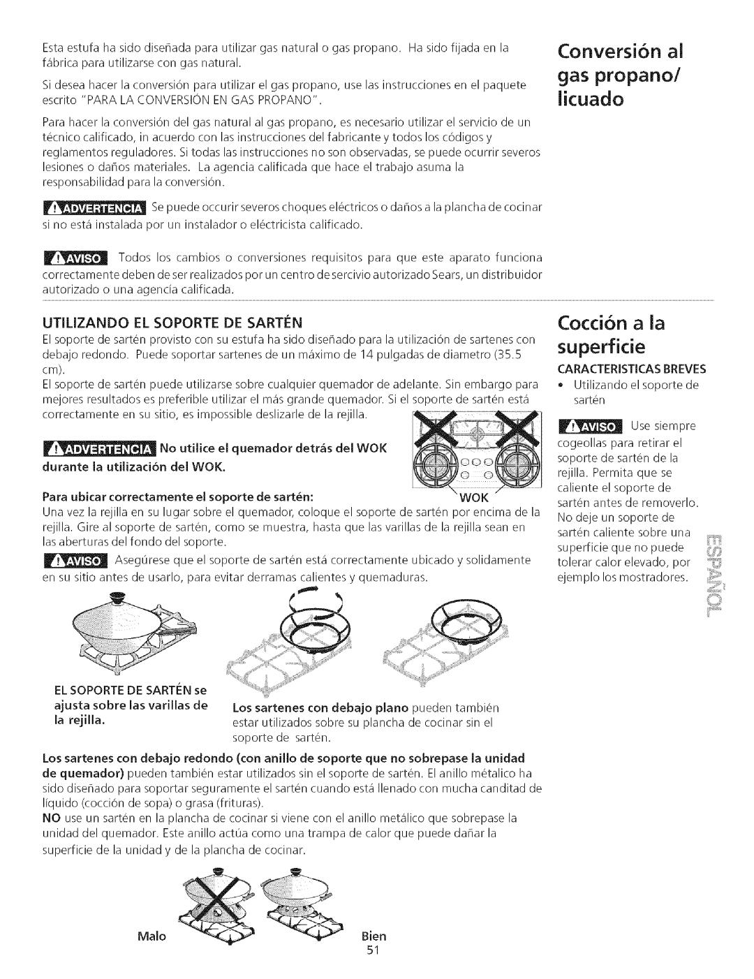 Kenmore 790.75503 manual Conversi6n al Gas propanol licuado, Coccion a la Superficie, EscritoPARALACONVERSIONENGASPROPANO 