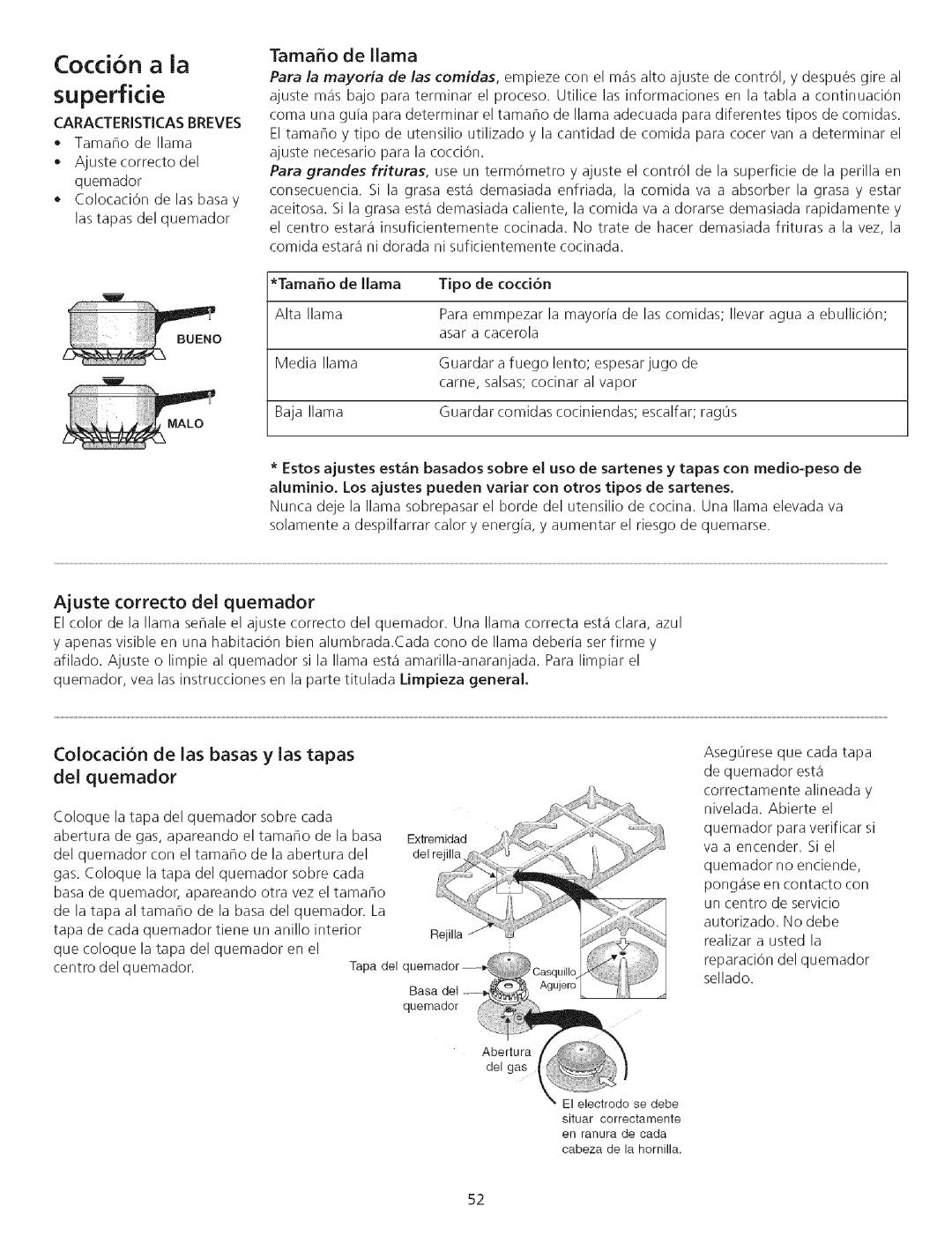 Kenmore 790.75503 manual Coccion a la Superficie, Gas, Tamaffo de llama, Ajuste correcto del quemador 