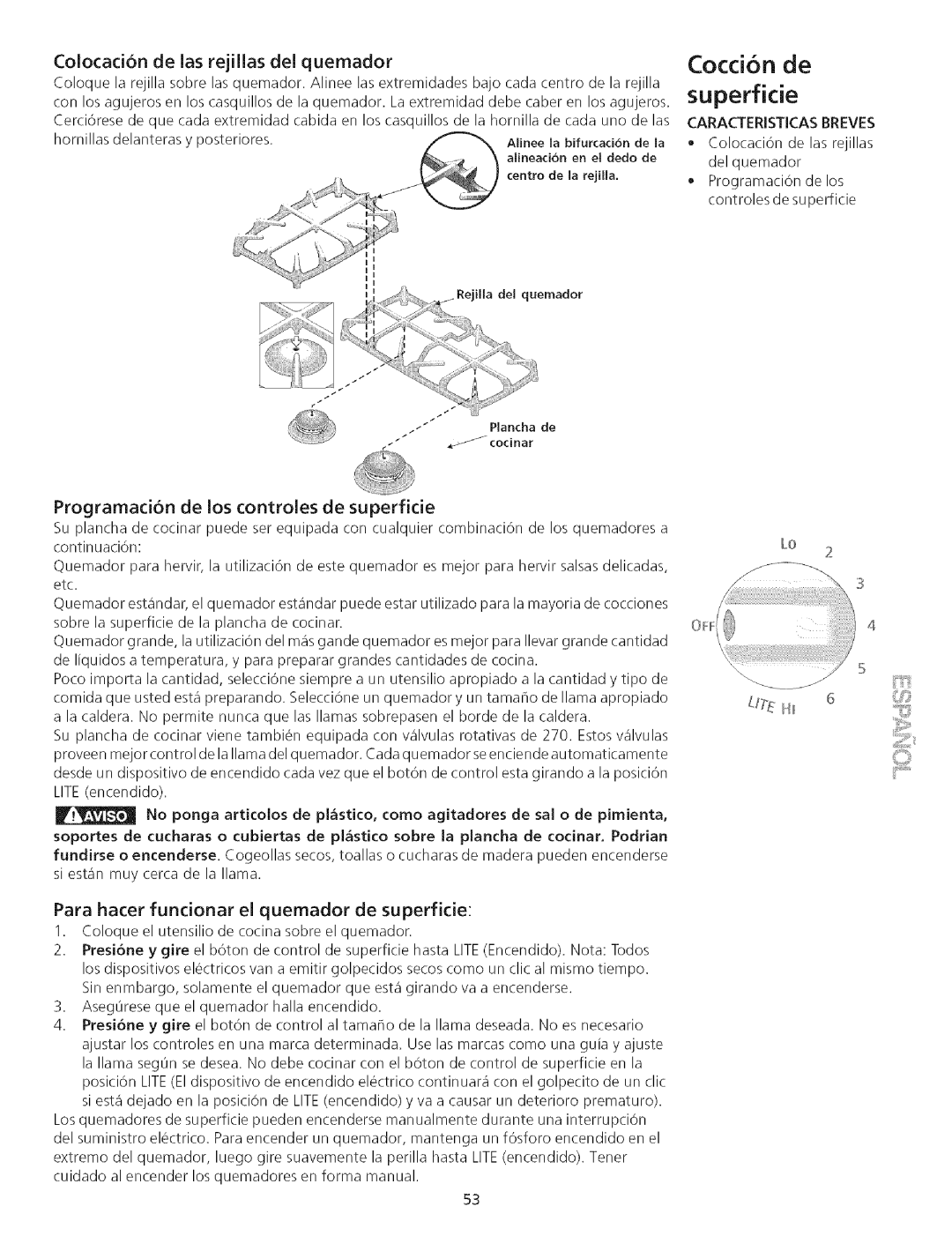 Kenmore 790.75503 manual Cocci6n de, Colocadon de las rejilJas deJ quemador, Programacion De los controles de superficie 