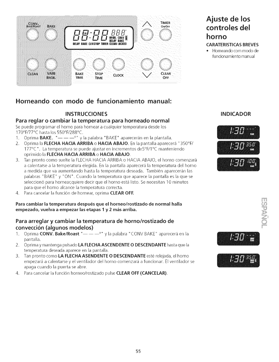 Kenmore 790.75503 Ajuste de los, Homo, Controles del, Horneando con modo de funcionamiento manual, Instrucciones 