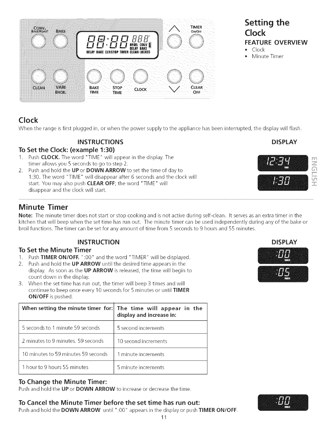 Kenmore 790.75503 manual Clock, Setting the, Feature Overview, Display, Instruction, To Set the Minute Timer, increase in 