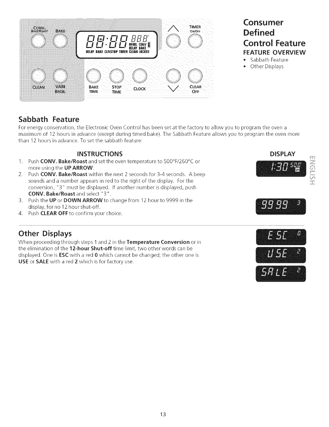 Kenmore 790.75503 manual Defined Control Feature, Consumer, Other Displays, Sabbath Feature, Feature Overview, Instructions 