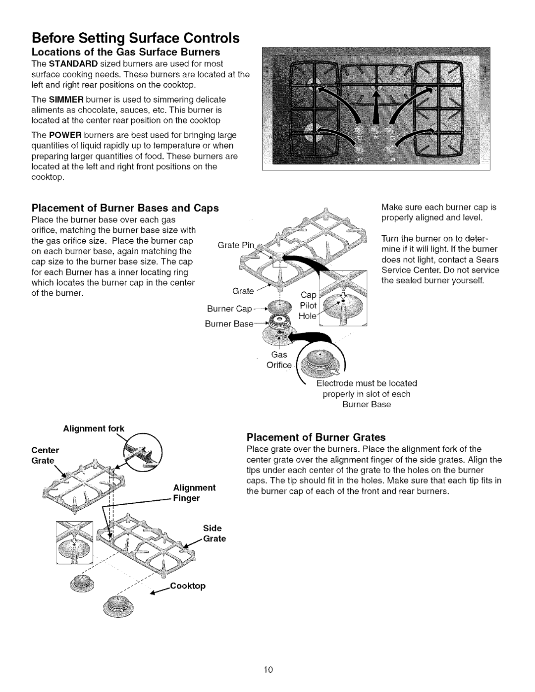 Kenmore 790.75603 manual Before Setting Surface Controls, Locations of the Gas Surface Burners, Placement of Burner Grates 