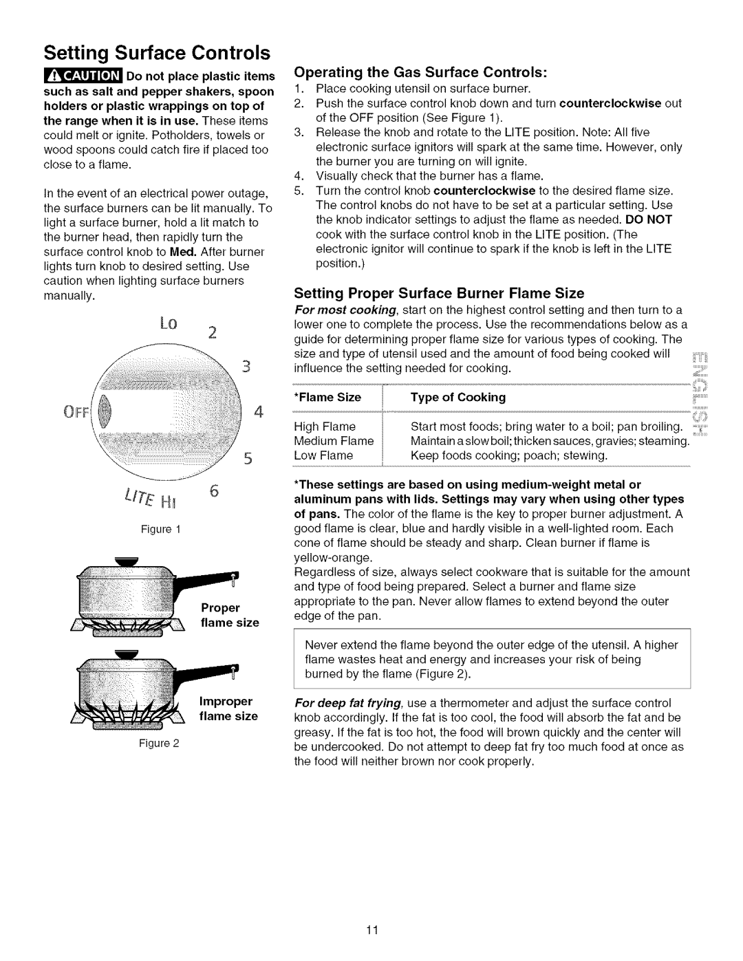 Kenmore 790.75603 Setting Surface Controls, Operating the Gas Surface Controls, Setting Proper Surface Burner Flame Size 