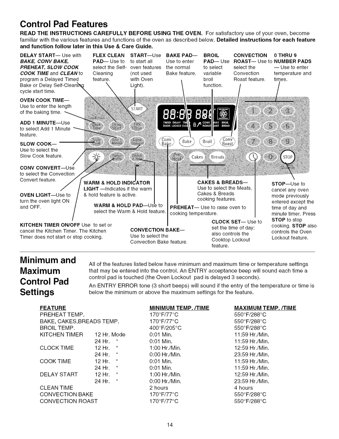 Kenmore 790.75603 manual Minimum and Maximum, Control Pad Features 