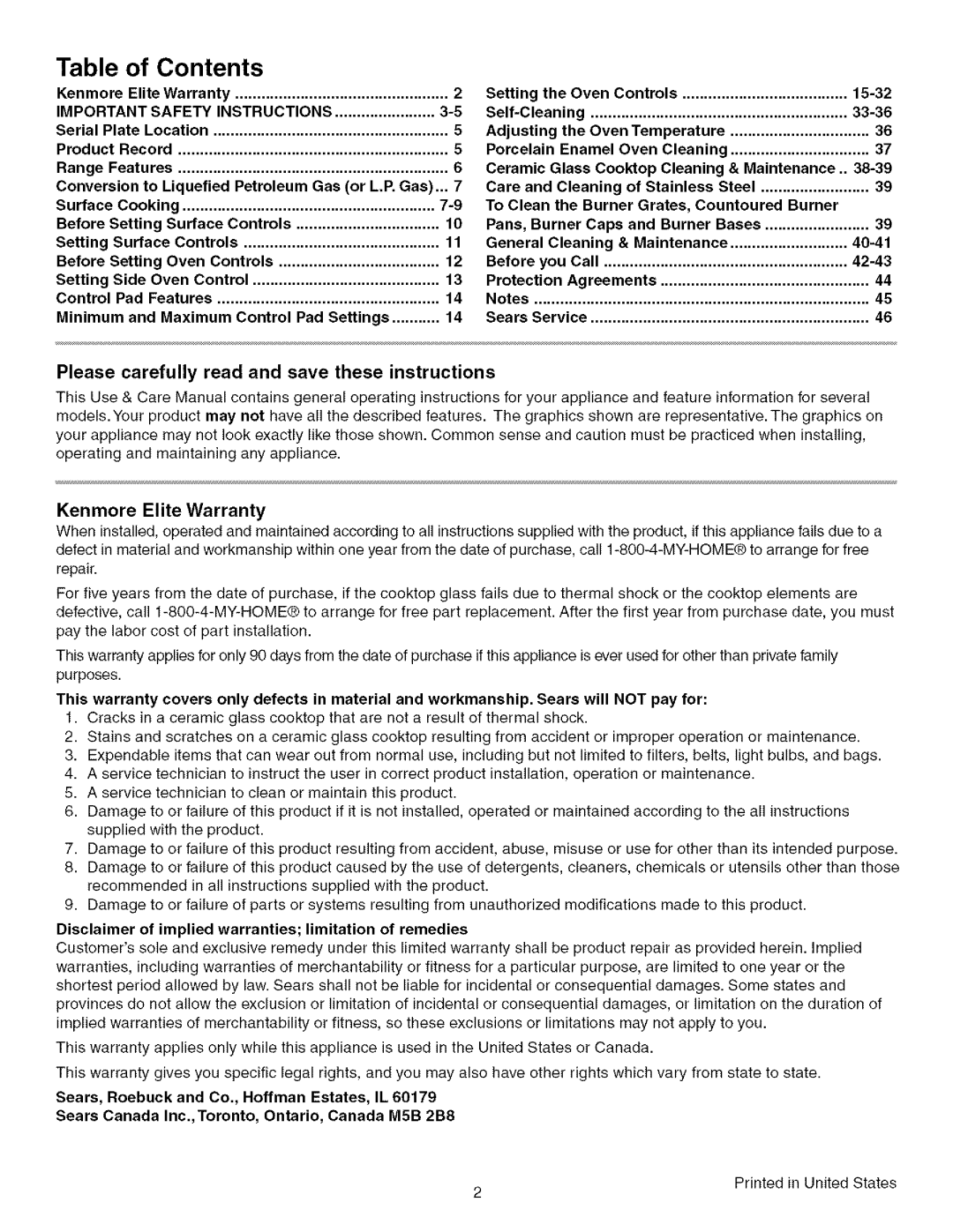 Kenmore 790.75603 manual Contents 