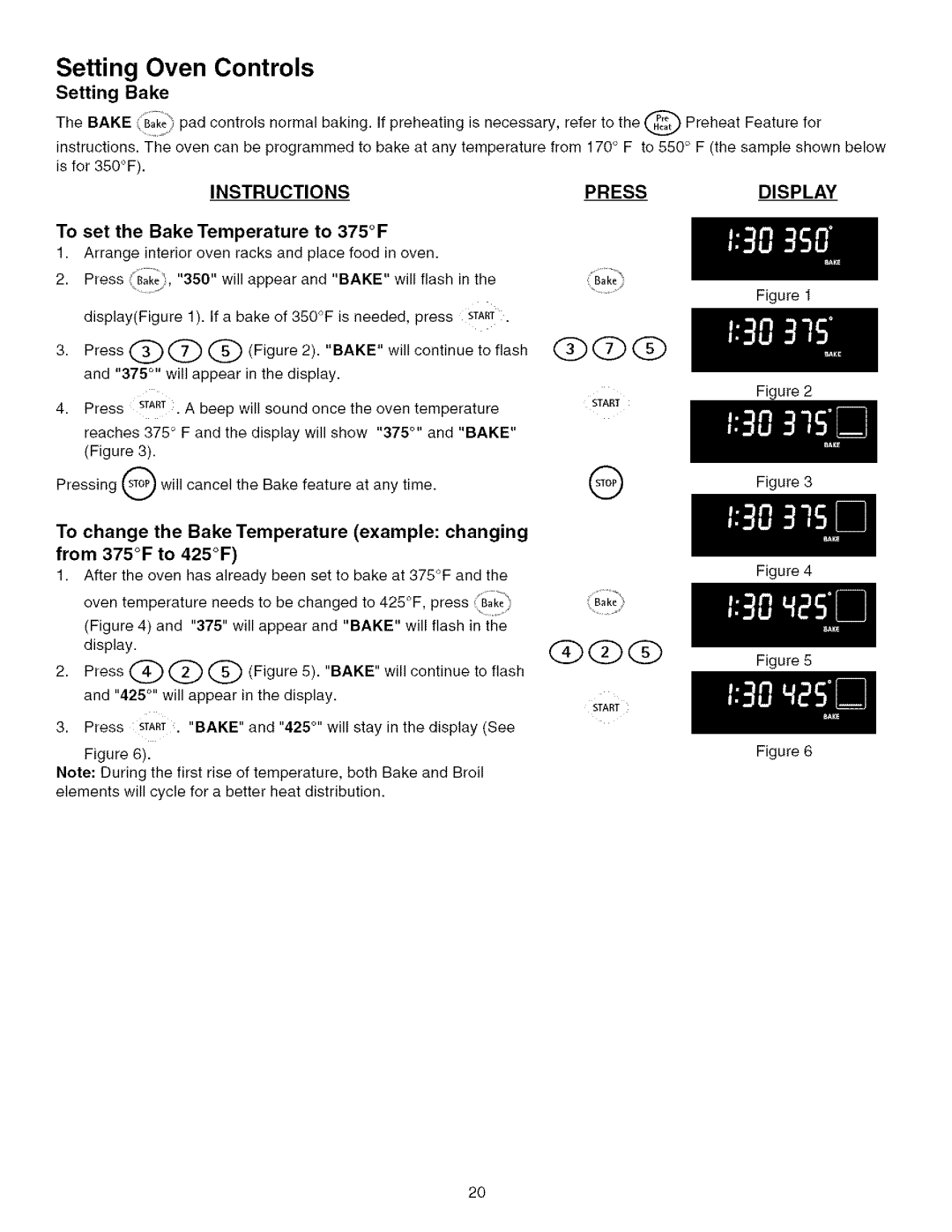 Kenmore 790.75603 manual Setting Bake, To set the Bake Temperature to 375F 