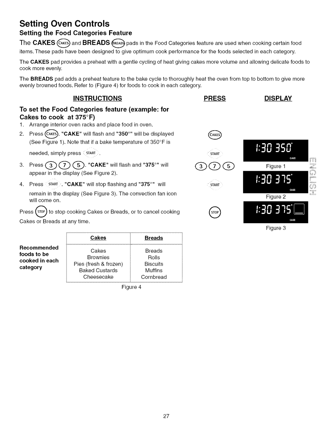 Kenmore 790.75603 manual Setting the Food Categories Feature, Cakes, To set the Food Categories feature example for 