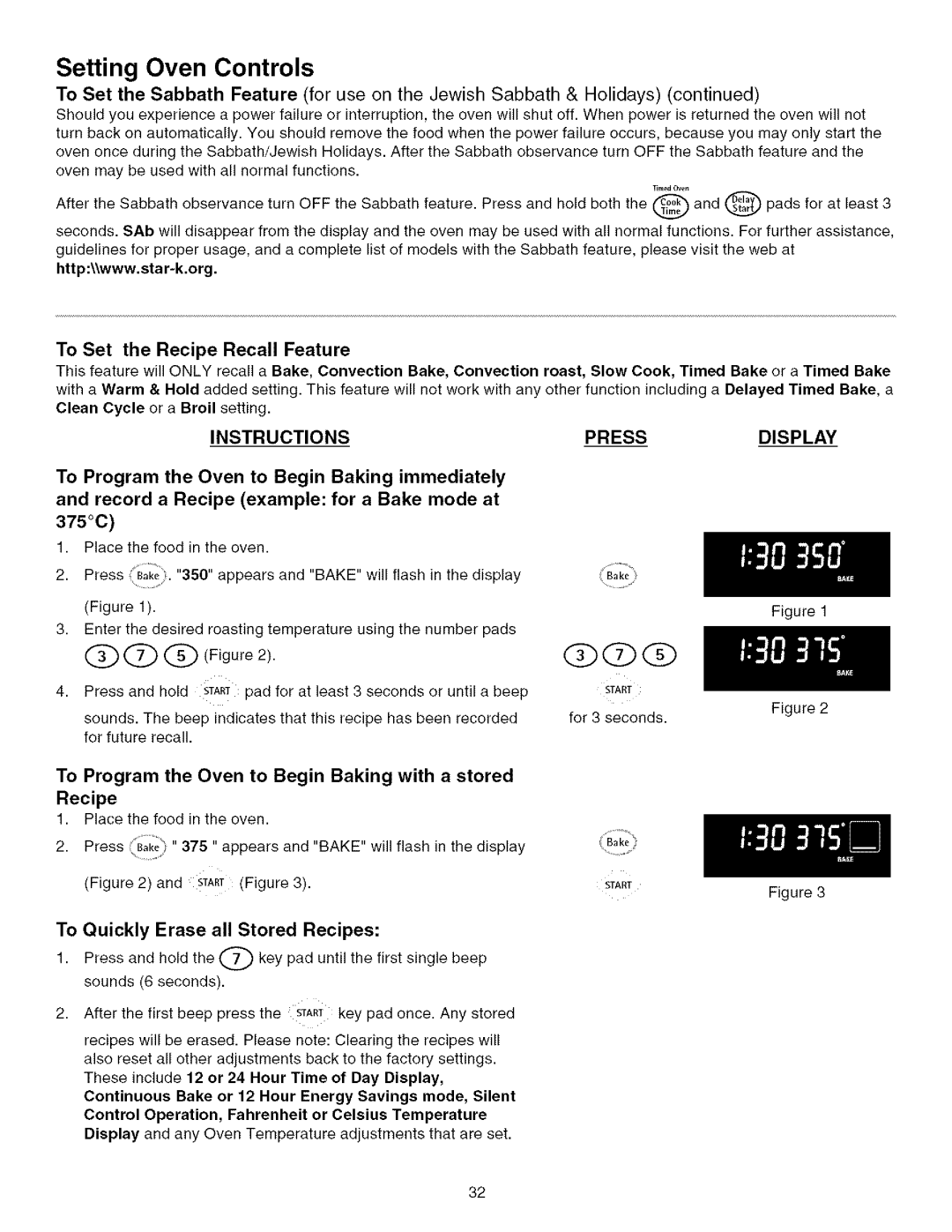 Kenmore 790.75603 manual To Set the Recipe Recall Feature, To Program the Oven to Begin Baking with a stored, 375C 