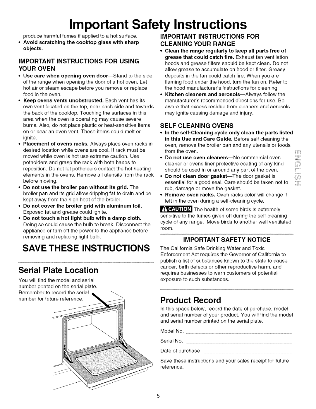 Kenmore 790.75603 manual Serial Plate Location, Product Record, Important Instructions for Using Your Oven 