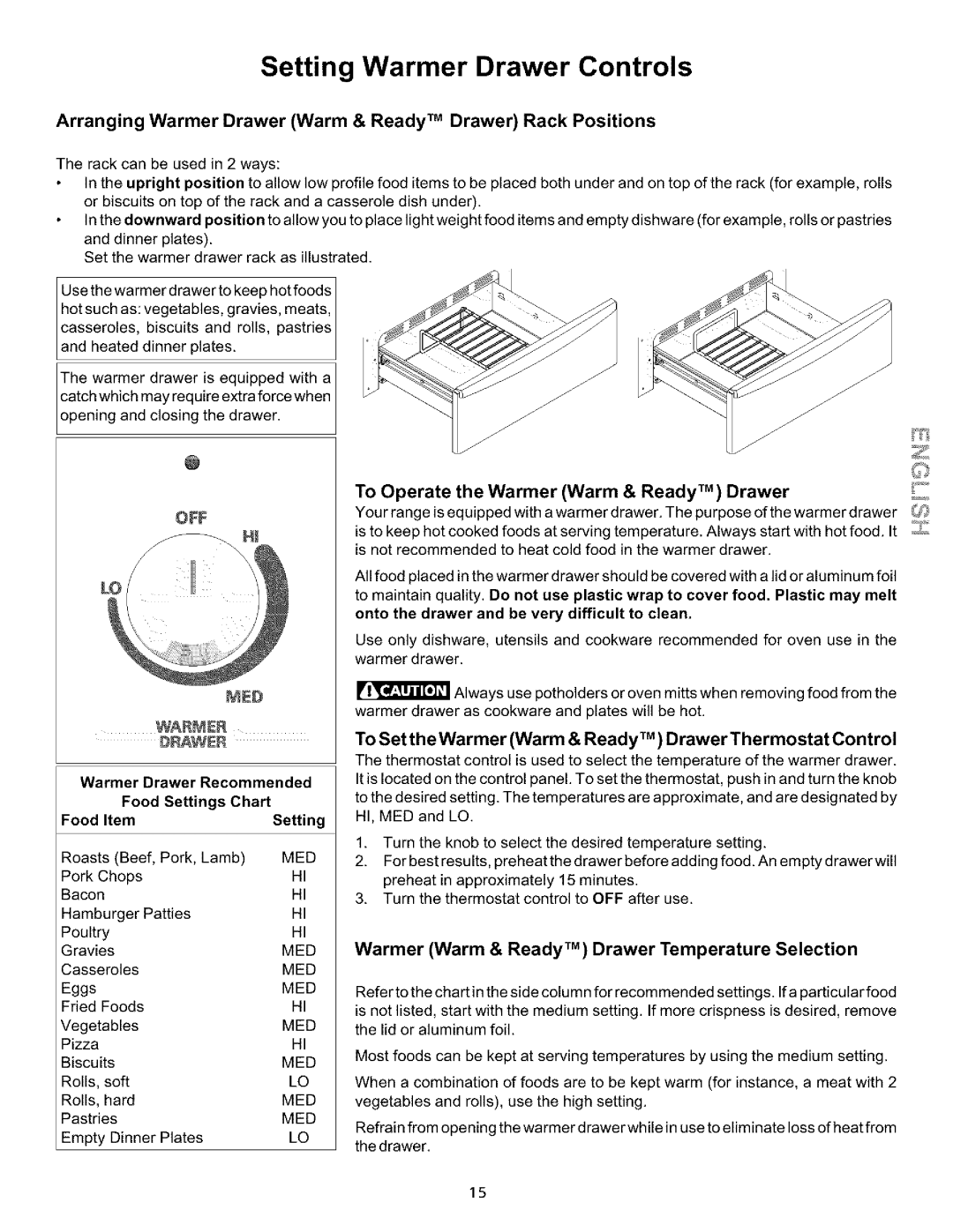 Kenmore 790.75604, 790.75609, 790.75602 manual Setting Warmer Drawer Controls, Warm & Ready TM Drawer, Warmer drawer 