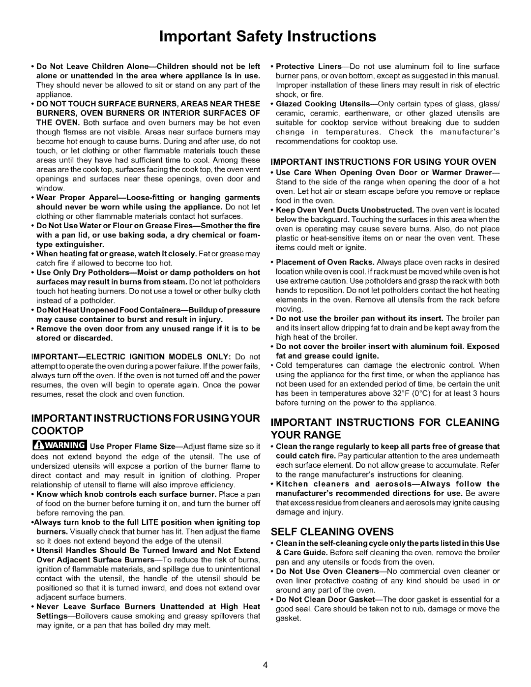 Kenmore 790.75609 manual Important Safety Instructions, Important Instructions For Using Your Cooktop, Self Cleaning Ovens 