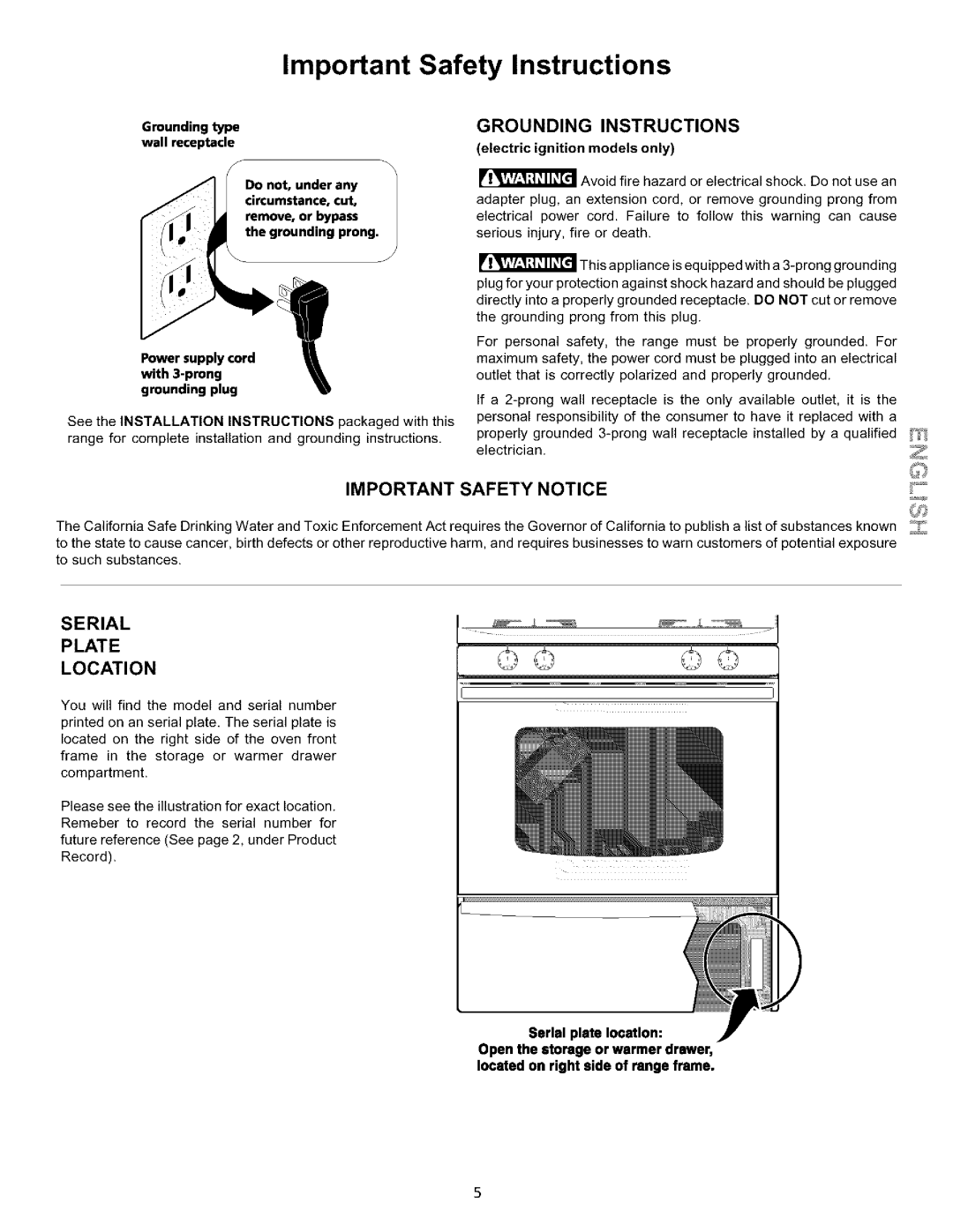 Kenmore 790.75602 Important Safety Instructions, Grounding Instructions, Important Safety Notice, Serial Plate Location 