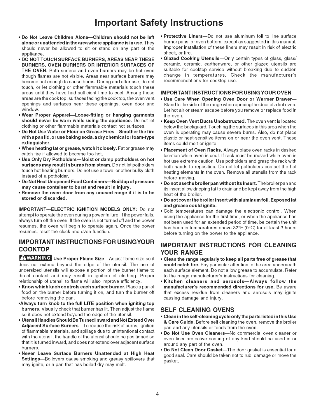 Kenmore 790. 7744, 790.7746, 790.7747, 790.7748 IMPORTANT iNSTRUCTiONS for Usingyour, IMPORTANT Instructions for Cleaning 