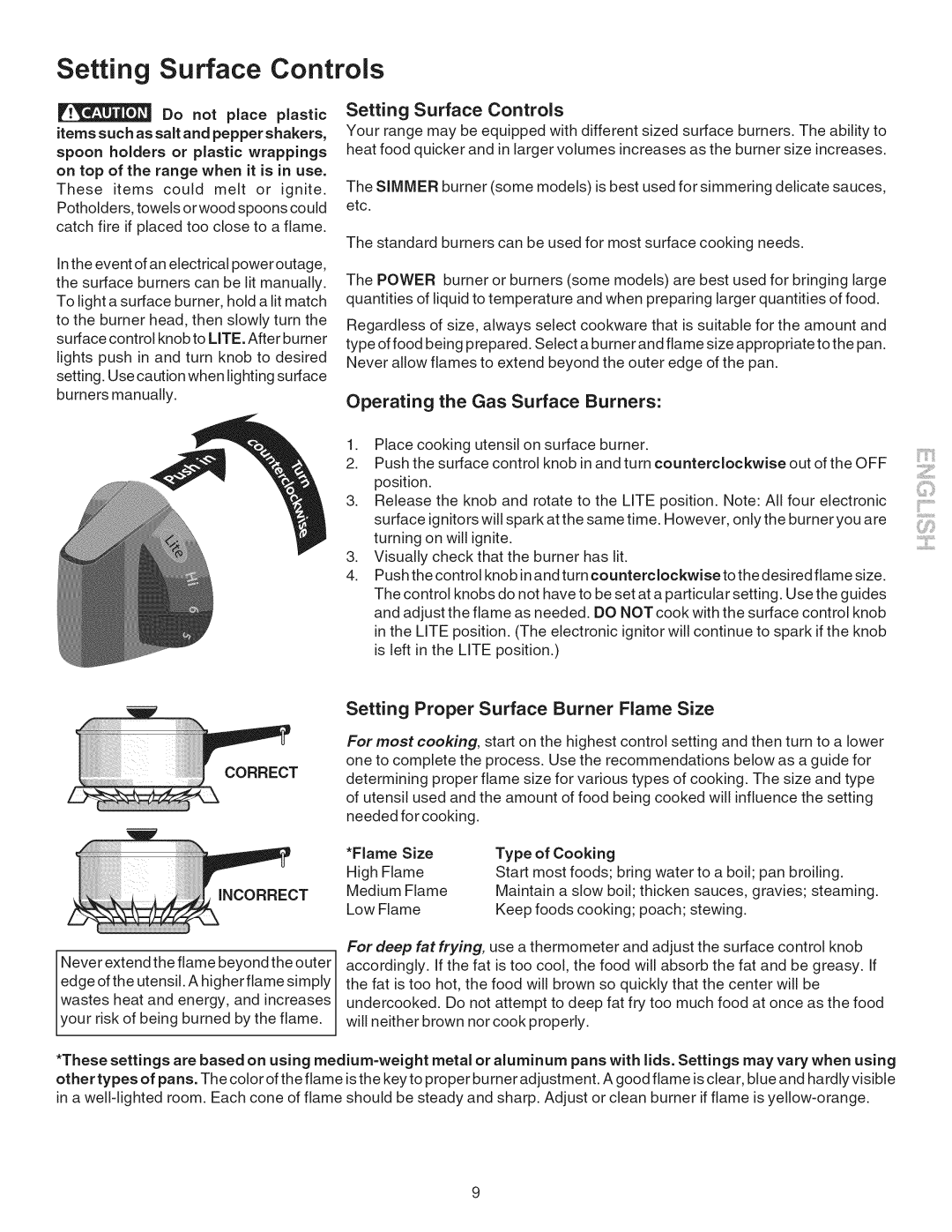 Kenmore 790. 7744 Setting Surface Controls, Operating the Gas Surface Burners, Setting Proper Surface Burner Flame Size 