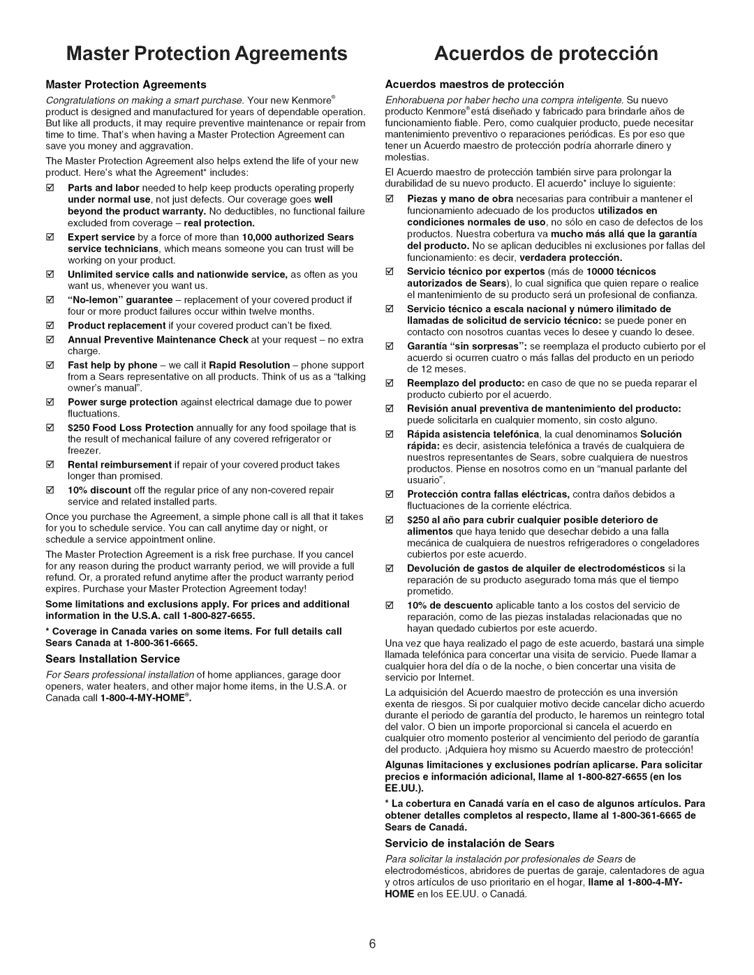 Kenmore 790.7747 manual Master Protection Agreements, Acuerdos de protecci6n, Maintenance, Acuerdos maestros de proteccion 