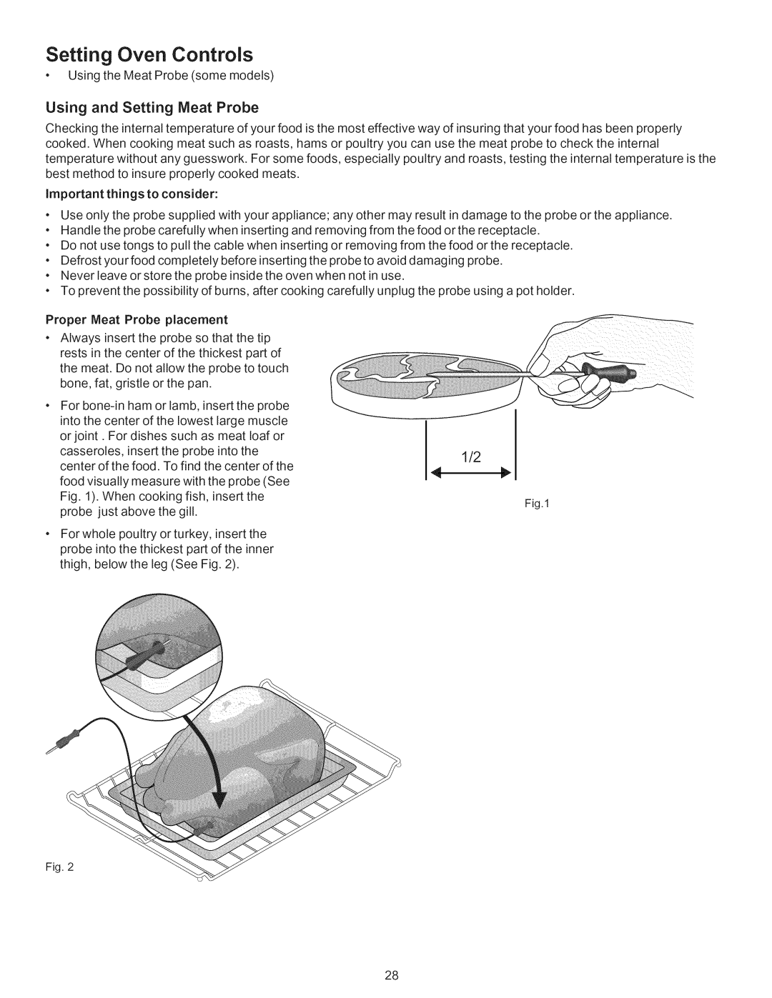 Kenmore 790.7753, 790.7754, 790.7751, 790.7752 manual Using and Setting Meat Probe, Proper Meat Probe placement 