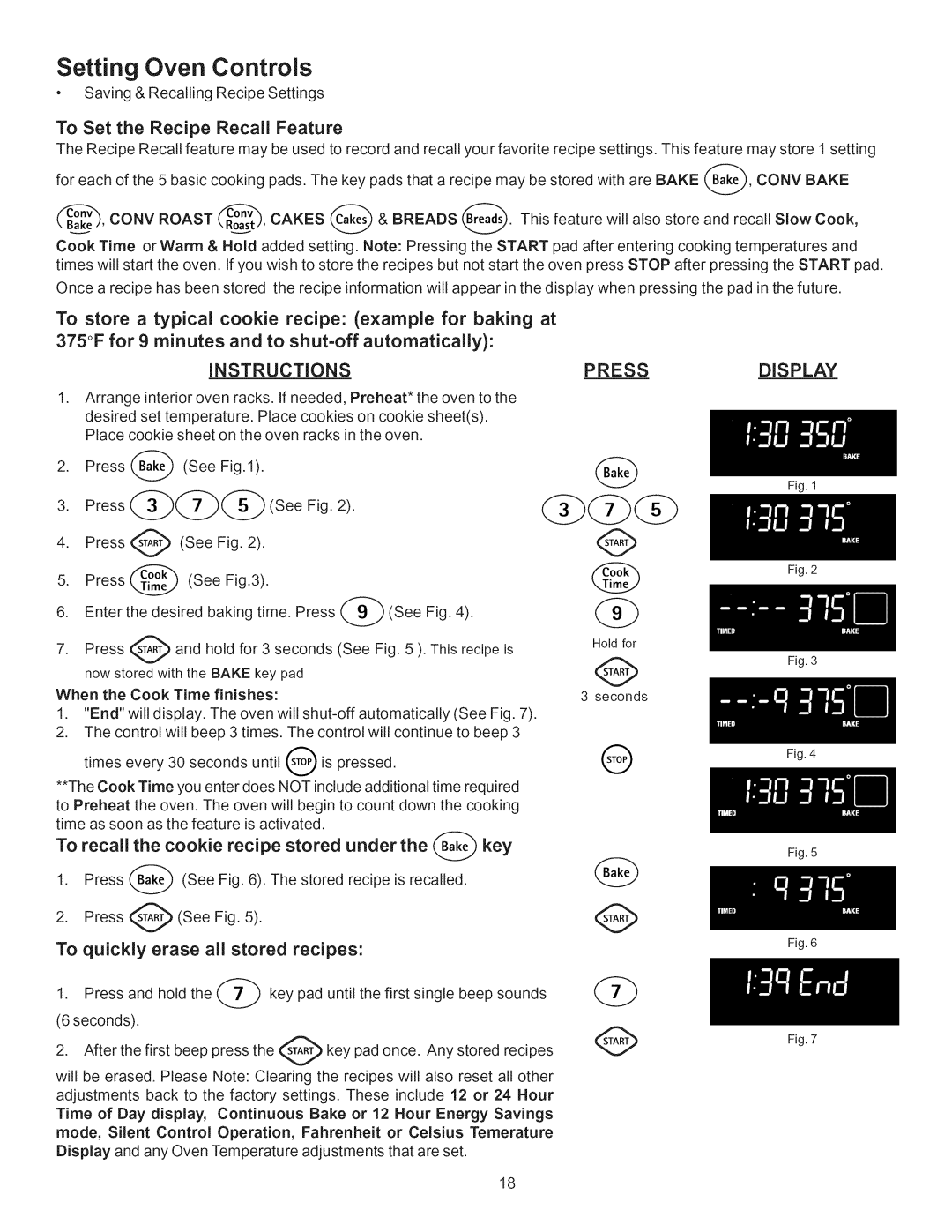 Kenmore 790.7755 manual To Set the Recipe Recall Feature, Instructions Press Display, To quickly erase all stored recipes 