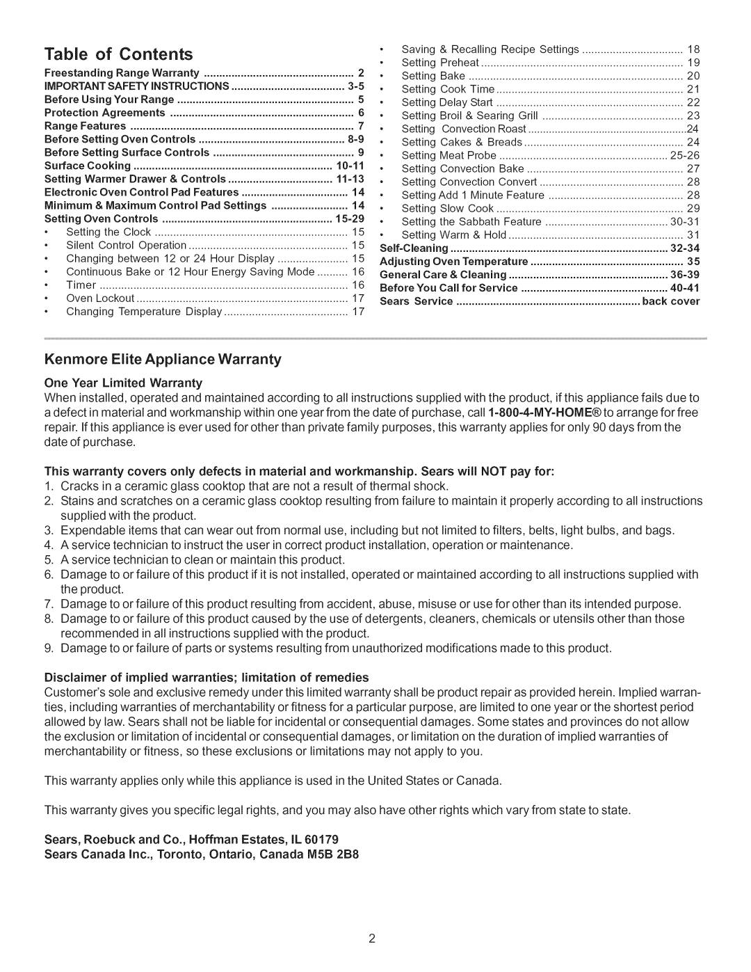 Kenmore 790.7755 manual Contents 