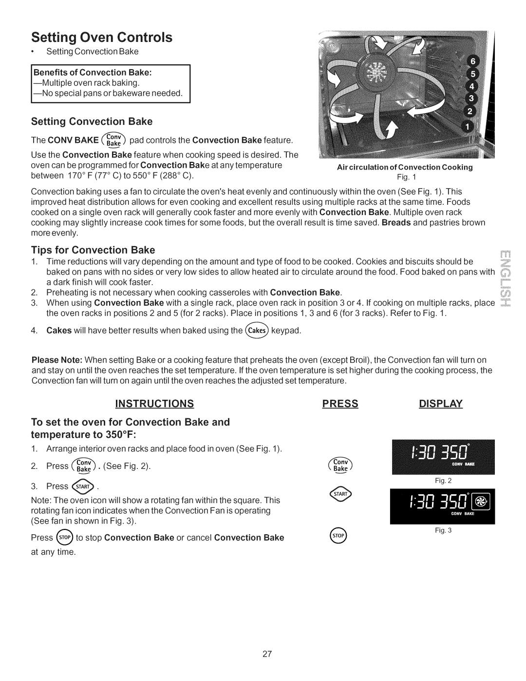 Kenmore 790.7755 manual Tips for Convection Bake, To set the oven for Convection Bake 