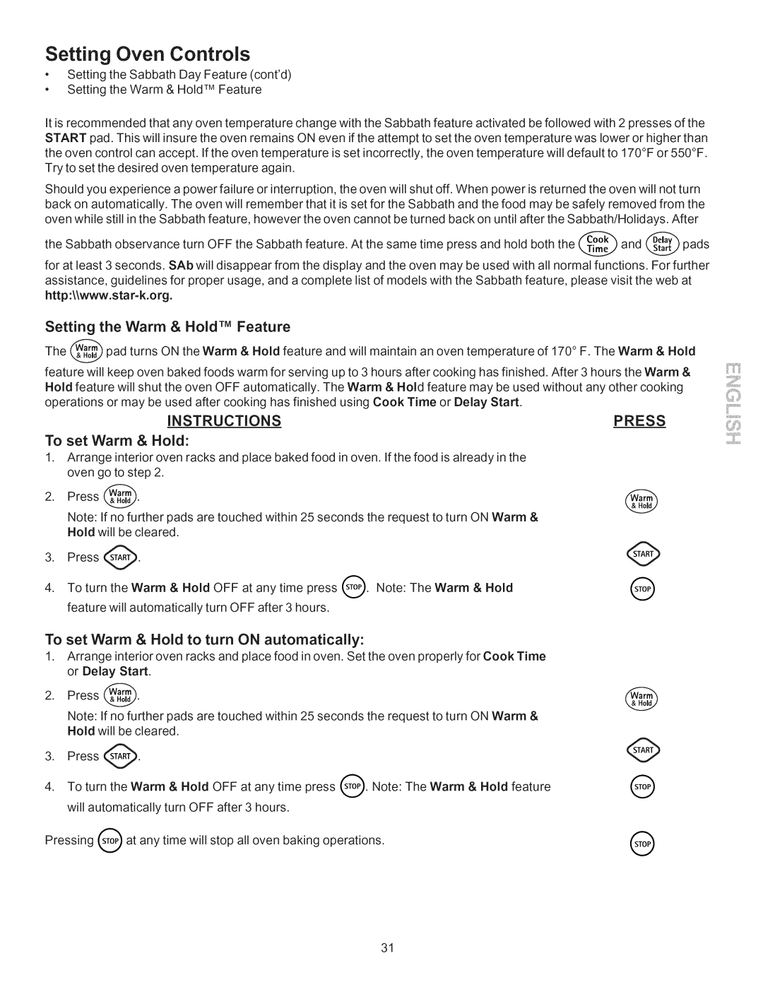 Kenmore 790.7755 manual Setting the Warm & Hold TM Feature, To set Warm & Hold to turn on automatically 