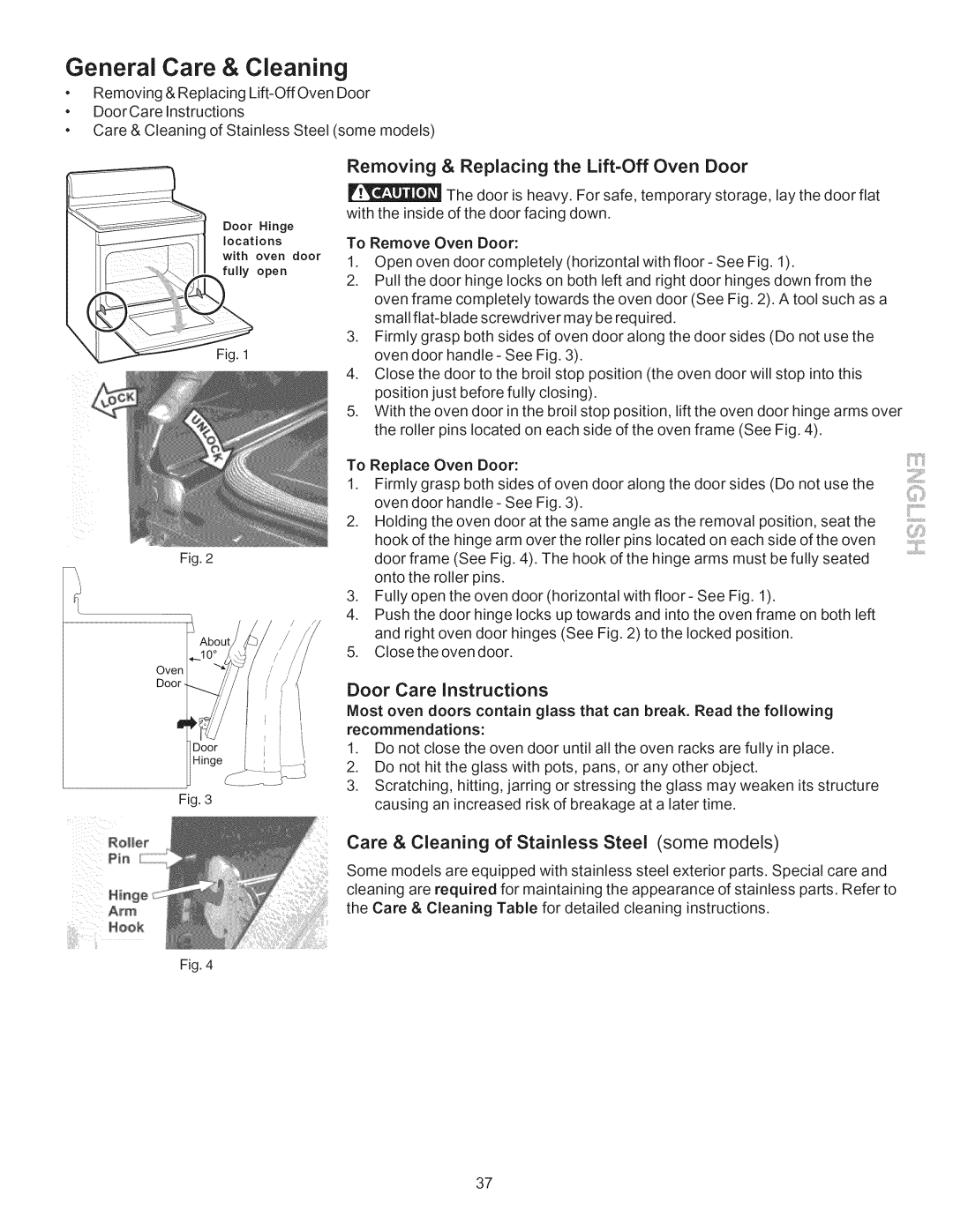 Kenmore 790.7755 manual Removing & Replacing the Lift-OffOven Door, Door Care Instructions 