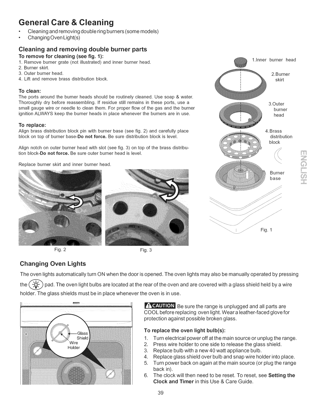 Kenmore 790.7755 manual Cleaning and removing double burner parts, Changing Oven Lights, To remove for cleaning see fig 