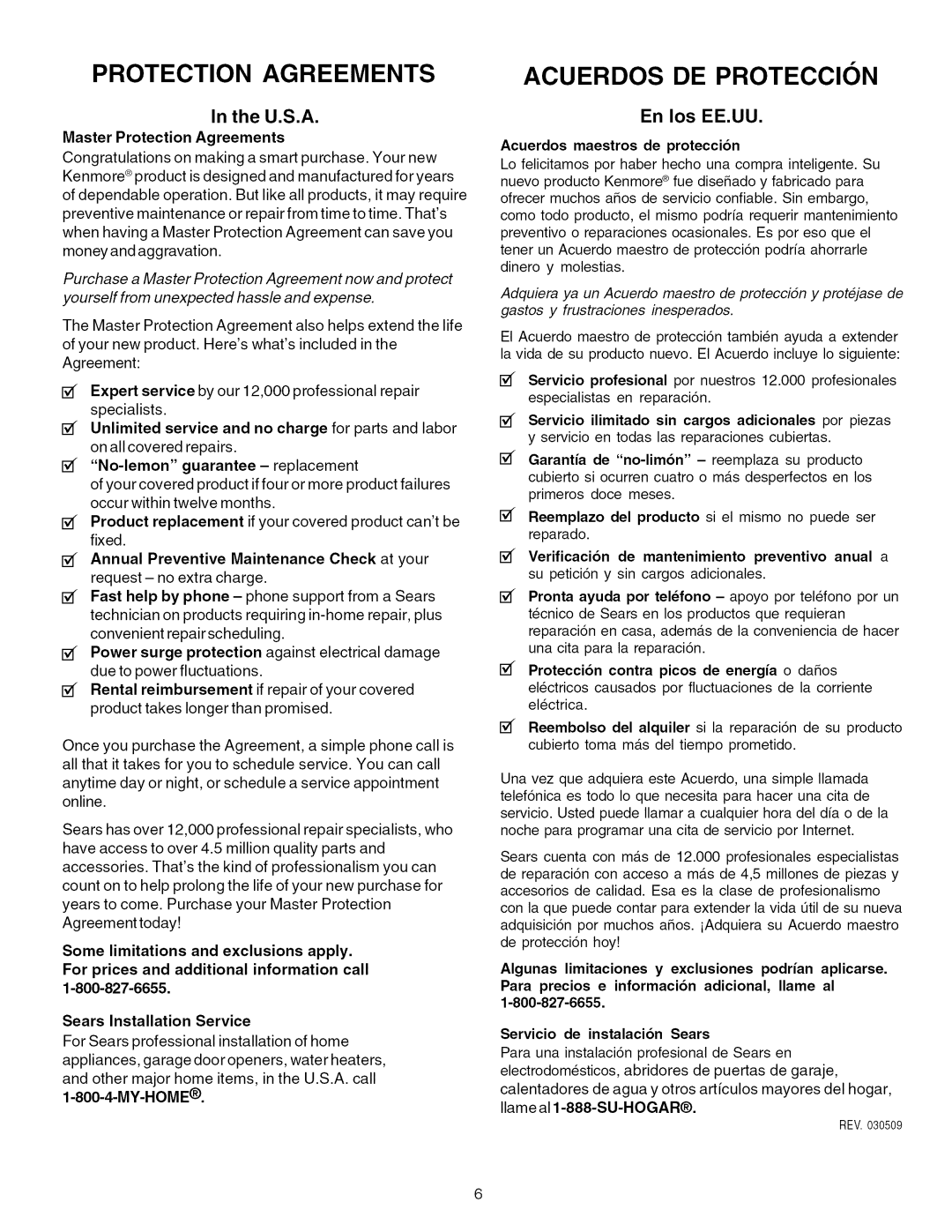 Kenmore 790.7755 U.S.A, En los EE.UU, Master Protection Agreements, Unlimited service and no charge for parts and labor 