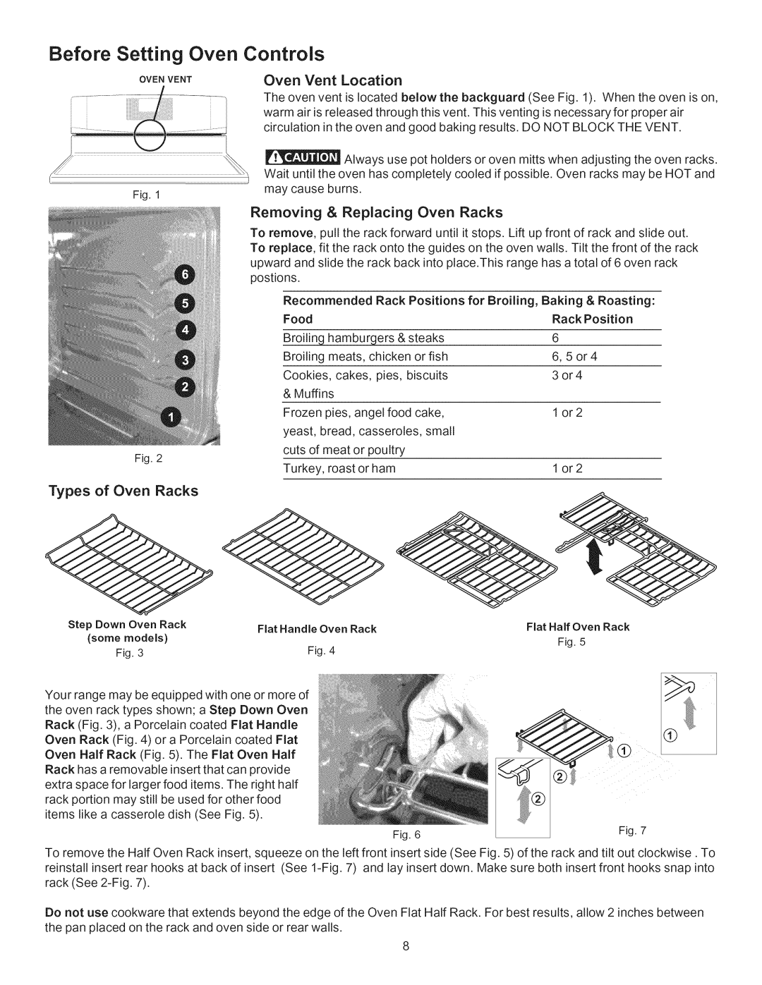 Kenmore 790.7755 Before Setting Oven Controls, Oven Vent Location, Removing & Replacing Oven Racks, Types of Oven Racks 