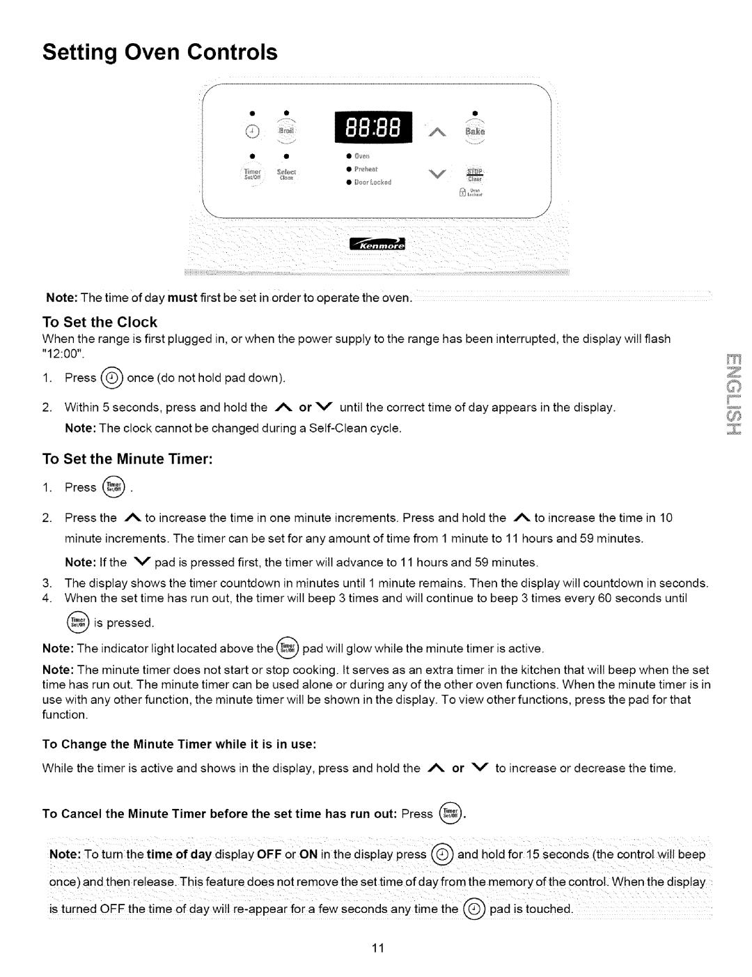 Kenmore 790.7861, 790.7859, 790.7858, 790.7857, 790.7851 Setting Oven Controls, To Set the Clock, To Set the Minute Timer 