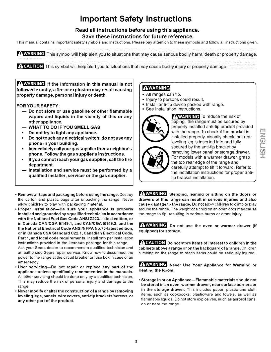 Kenmore 790.7857, 790.7859, 790.7858, 790.7861 Important Safety Instructions, Do not store items of interest to children 