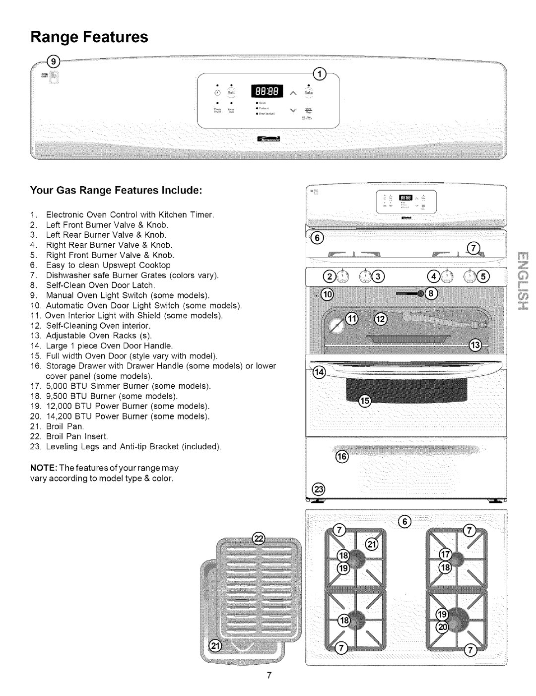 Kenmore 790.7852, 790.7859, 790.7858, 790.7861, 790.7857, 790.7851, 790.7863 Your Gas Range Features Include, Iiii iii ii 